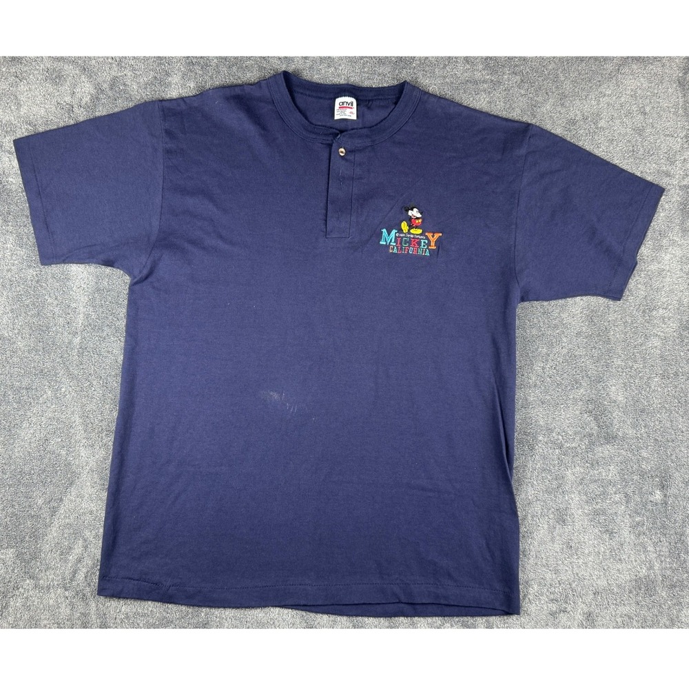 Vintage Anvil Mickey Mouse California Henley Shirt Navy Blue Mens XL Made in USA